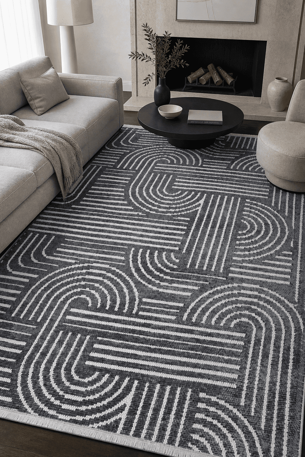 ZELVE Antrasit Beyaz Kaymaz Taban Özel Ölçü Yıkanabilir Kilim