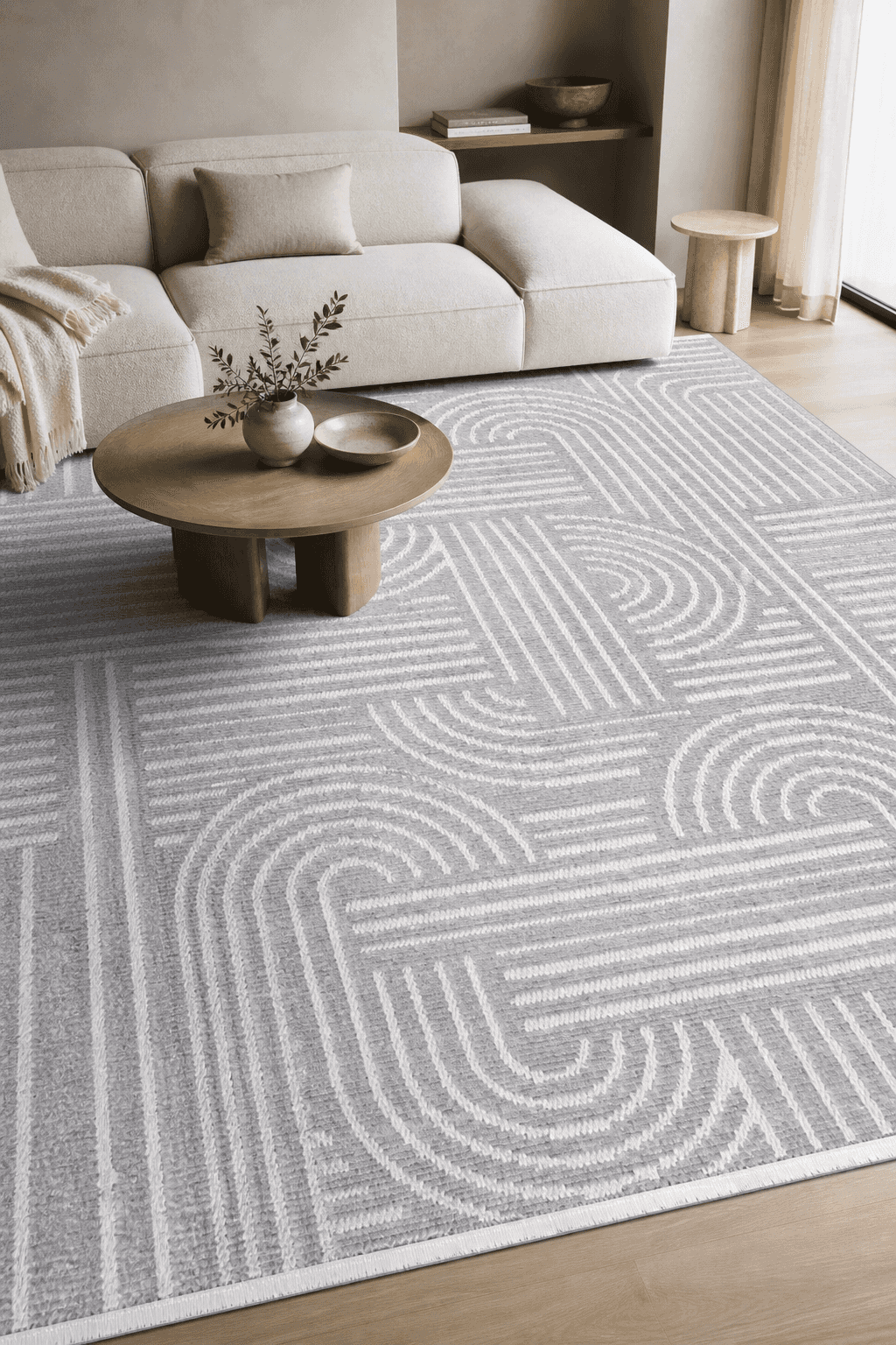 ZELVE Özel Ölçü Gri Beyaz Kaymaz Taban Yıkanabilir Kilim